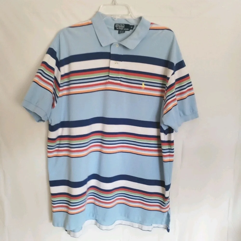 Polo Ralph‎ Lauren Pique Polo Shirt XL Blue Horizontal Rugby Deck Stripe Y2K